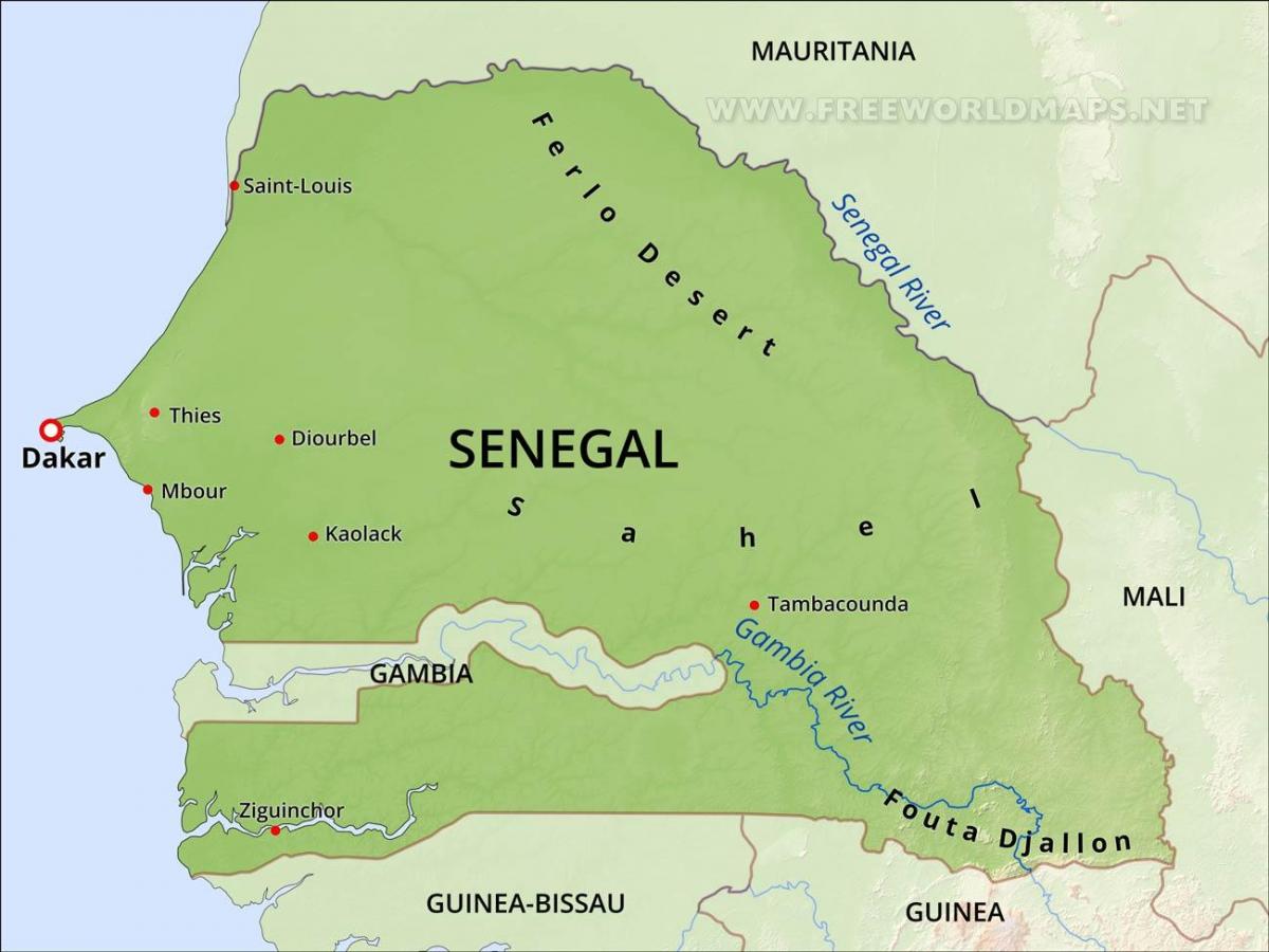kaart van die fisiese kaart van Senegal