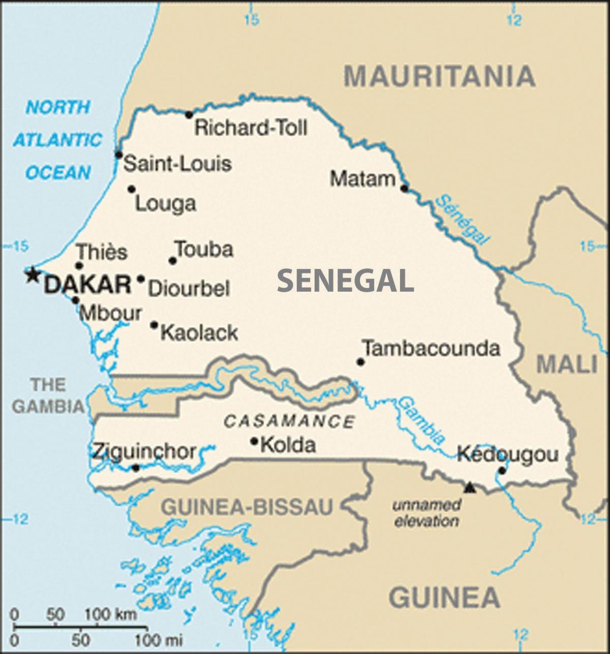 kaart van Senegal en die omliggende lande
